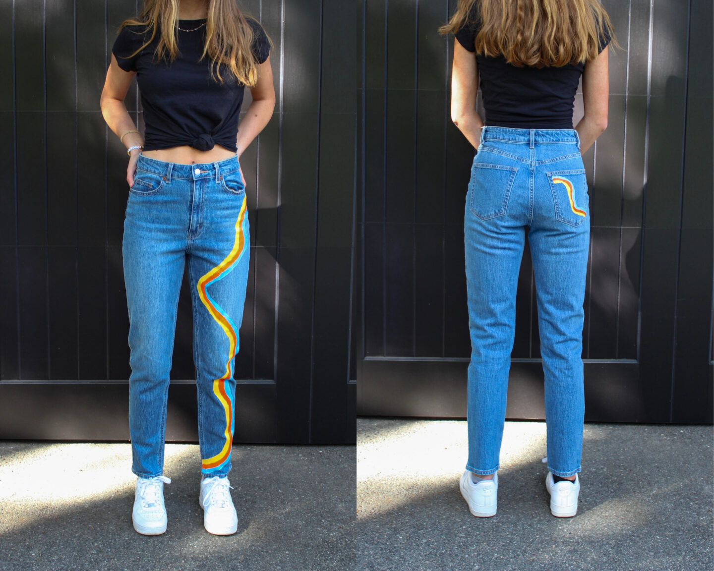 Girl posing in two pictures side to side in black t-shirt and painted jeans with stripes of orange, yellow, and blue down one pant leg and on the opposite back pocket.