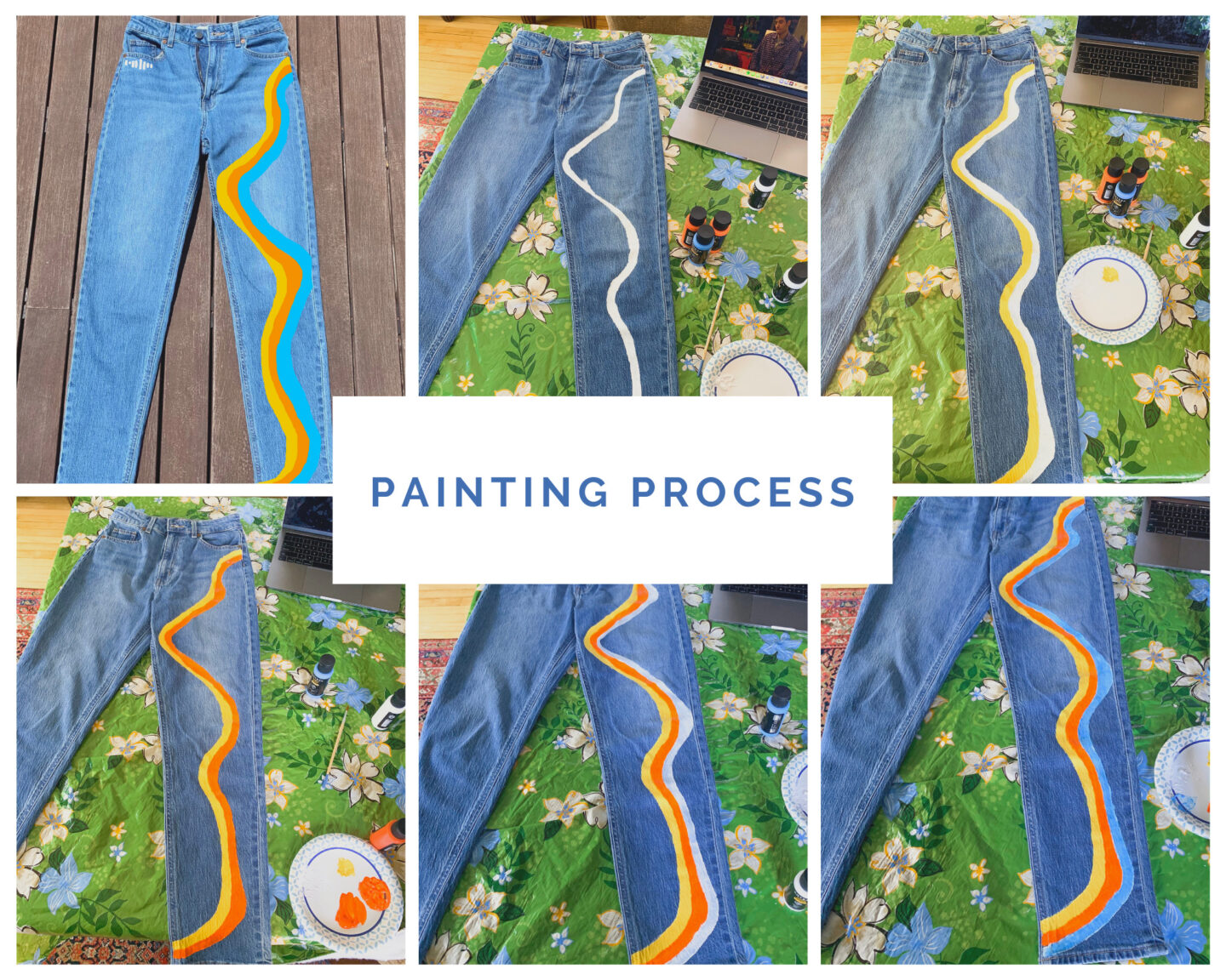 Photo collage of jeans to show the painting process adding more stripes of color each time.